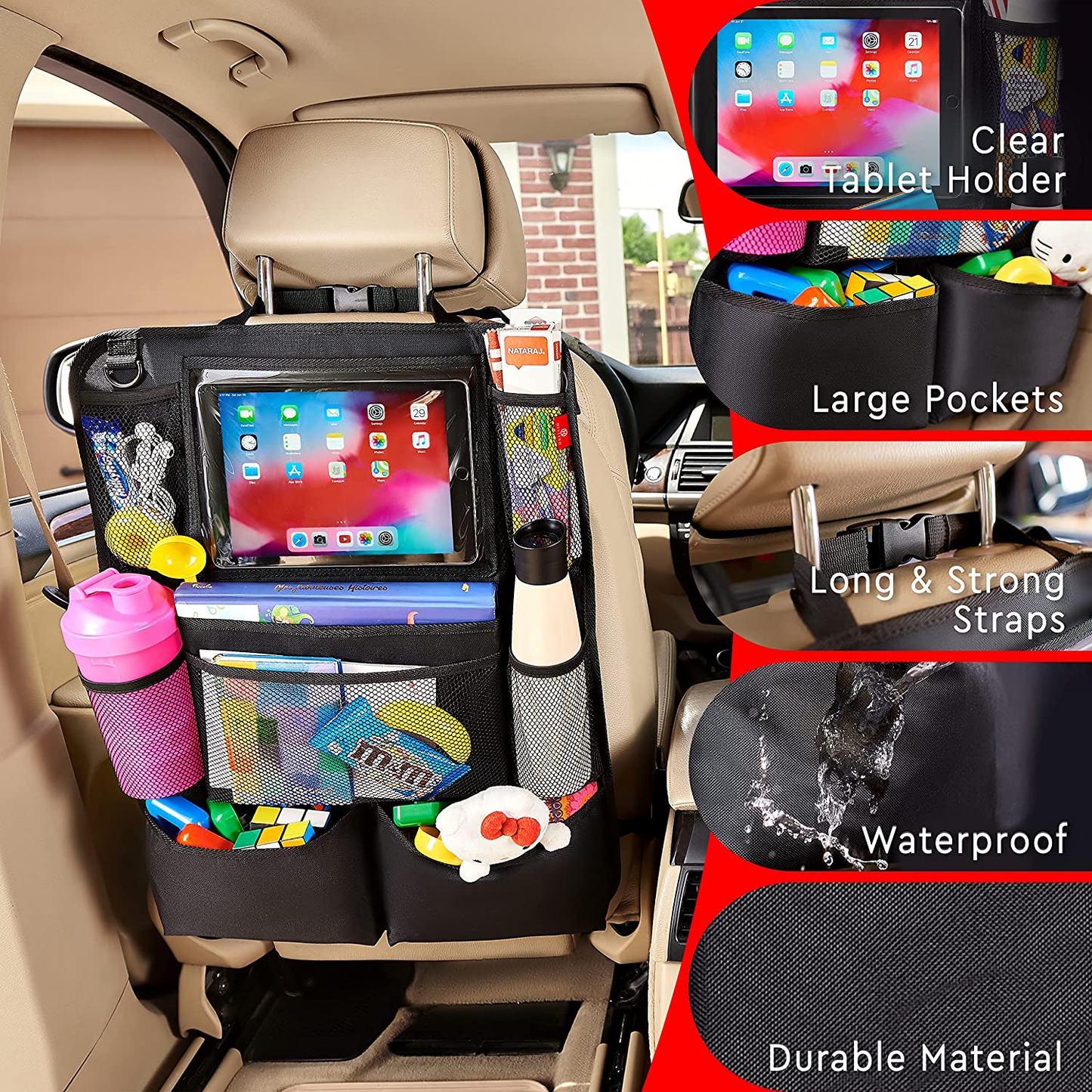 Backseat Car Organizer, Kick Mats Back Seat Protector with Touch Screen Tablet Holder, Car Back Seat Organizer for Kids, Car Travel Accessories, Kick Mat with 9 Storage Pockets 2 Pack