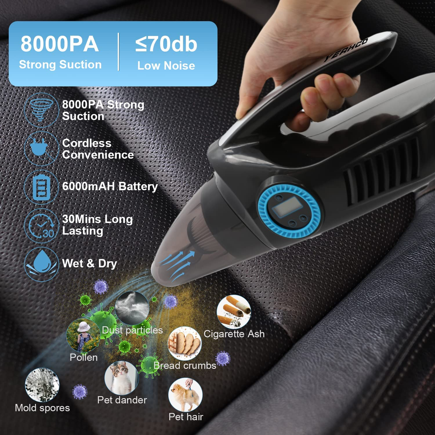 4-In-1 Car Vacuum Cleaner, Cordless Rechargeable 8000Pa High Power Portable Vacuum Cleaner Inflate for Car,Handheld Vacuum Cleaner with Digital Tire Pressure Gauge LCD Display for Home Car