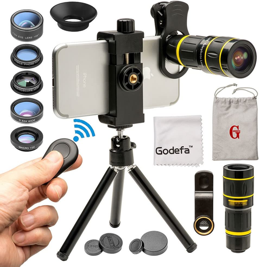 Cell Phone Camera Lens with Tripod+ Shutter Remote,6 in 1 18X Telephoto Zoom Lens/Wide Angle/Macro/Fisheye/Kaleidoscope/Cpl, Clip-On Lense Compatible for Iphone X 8 7 6S Plus, Samsung and More