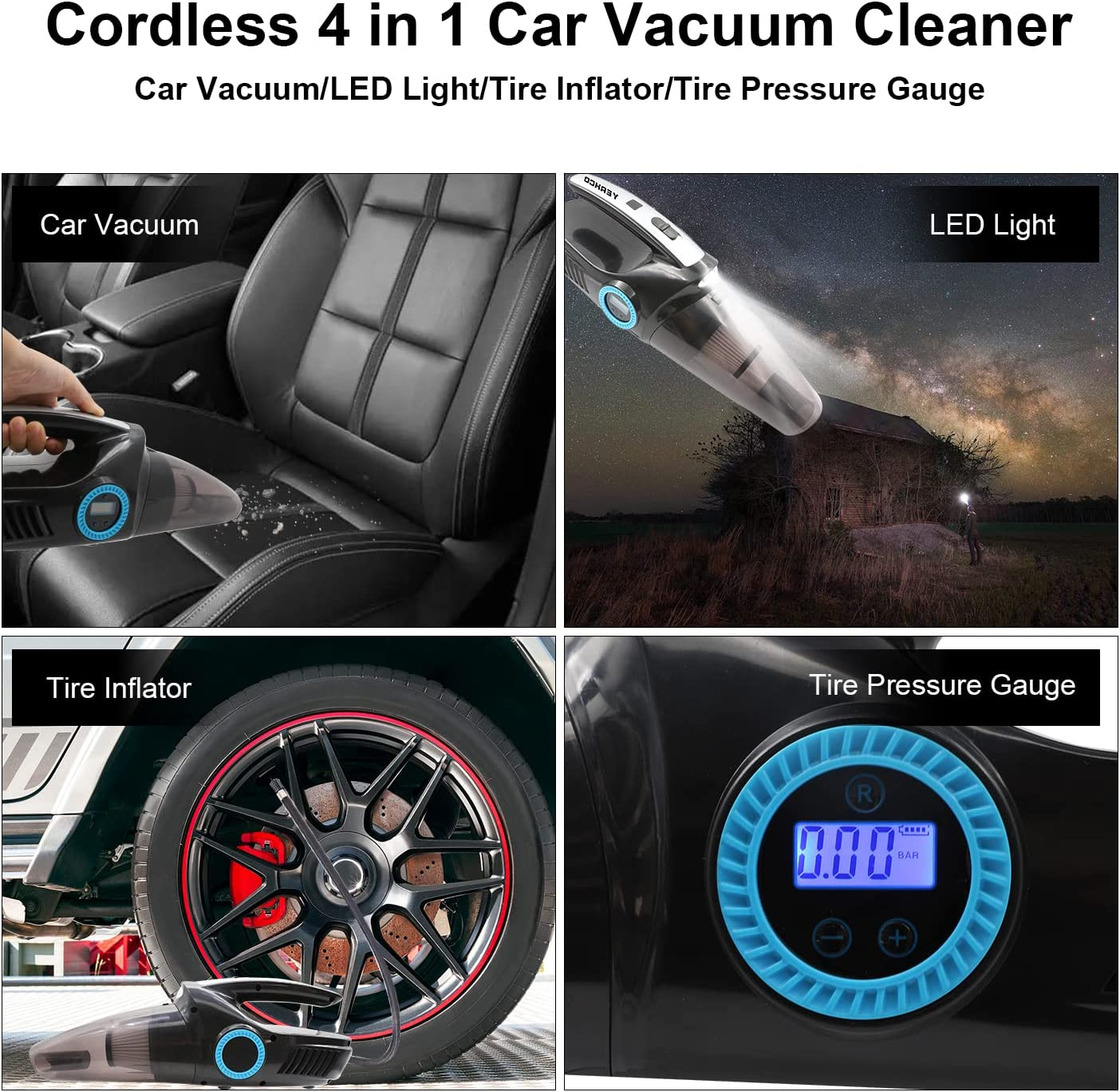 4-In-1 Car Vacuum Cleaner, Cordless Rechargeable 8000Pa High Power Portable Vacuum Cleaner Inflate for Car,Handheld Vacuum Cleaner with Digital Tire Pressure Gauge LCD Display for Home Car