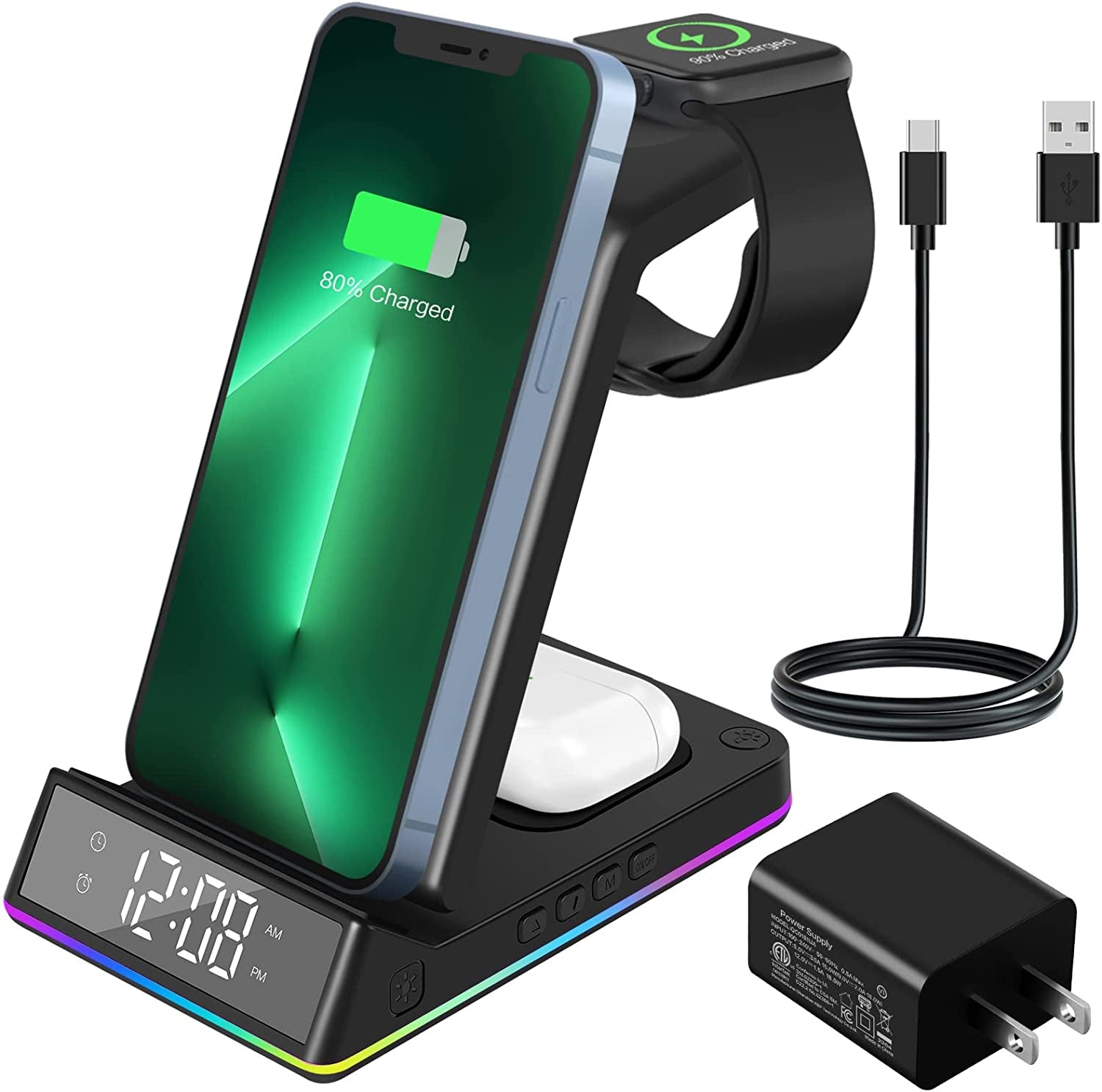 Wireless Charger, Fast Charging Station with Alarm Clock and Night Light, Compatible with iPhone, Samsung Galaxy(Adapter Included)