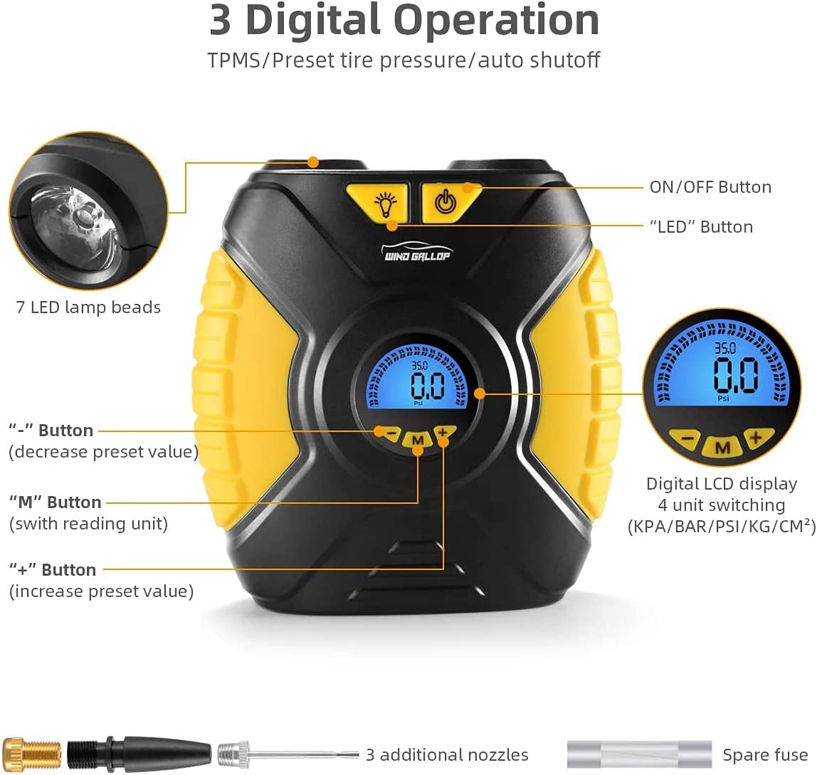 Digital Car Tyre Inflator Air Tool Portable Air Compressor Car Tyre Pump Automatic 12V Electric Air Pump Tyre Inflation with Tyre Pressure Gauge Valve Adaptors LED Light