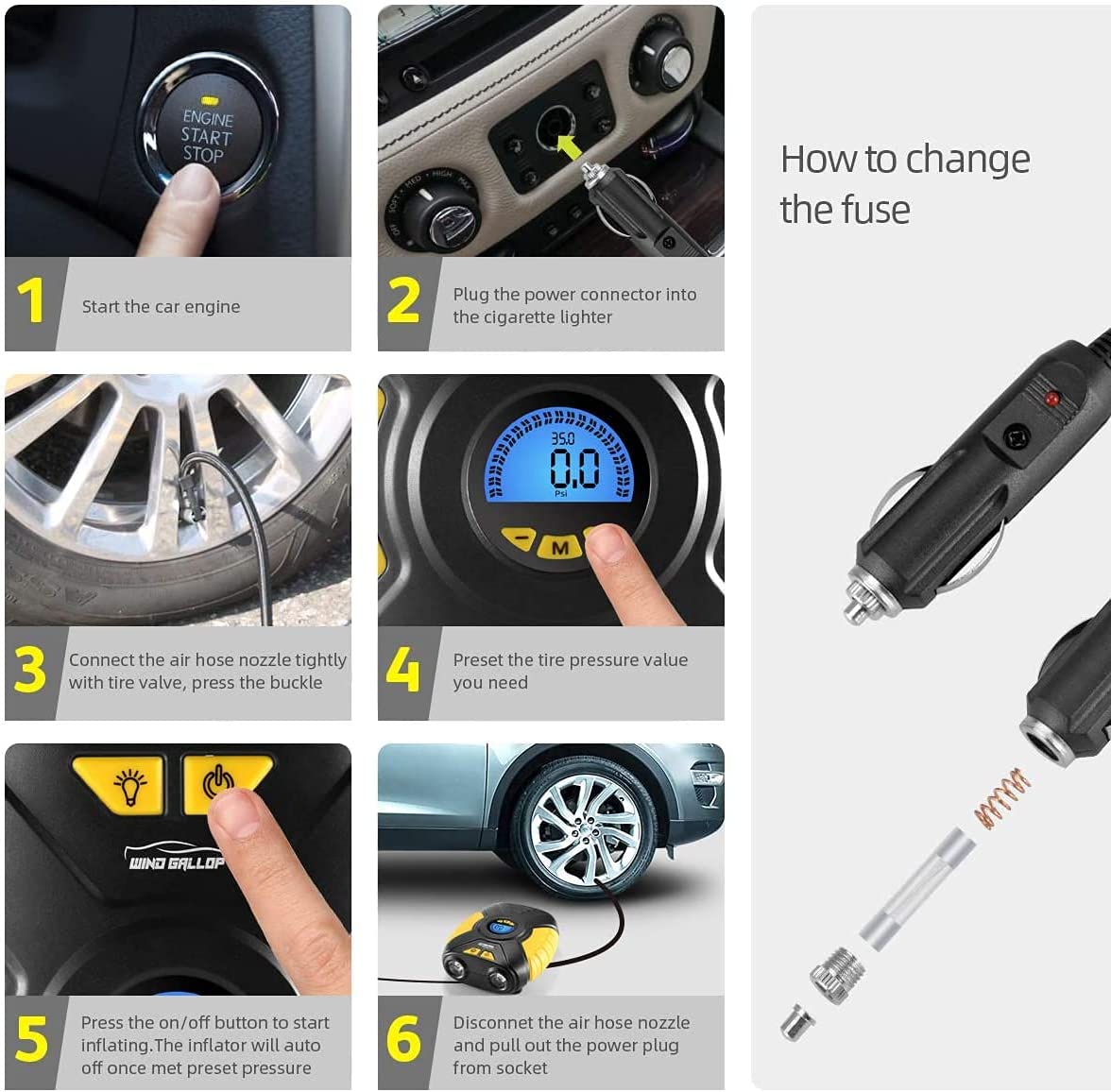 Digital Car Tyre Inflator Air Tool Portable Air Compressor Car Tyre Pump Automatic 12V Electric Air Pump Tyre Inflation with Tyre Pressure Gauge Valve Adaptors LED Light