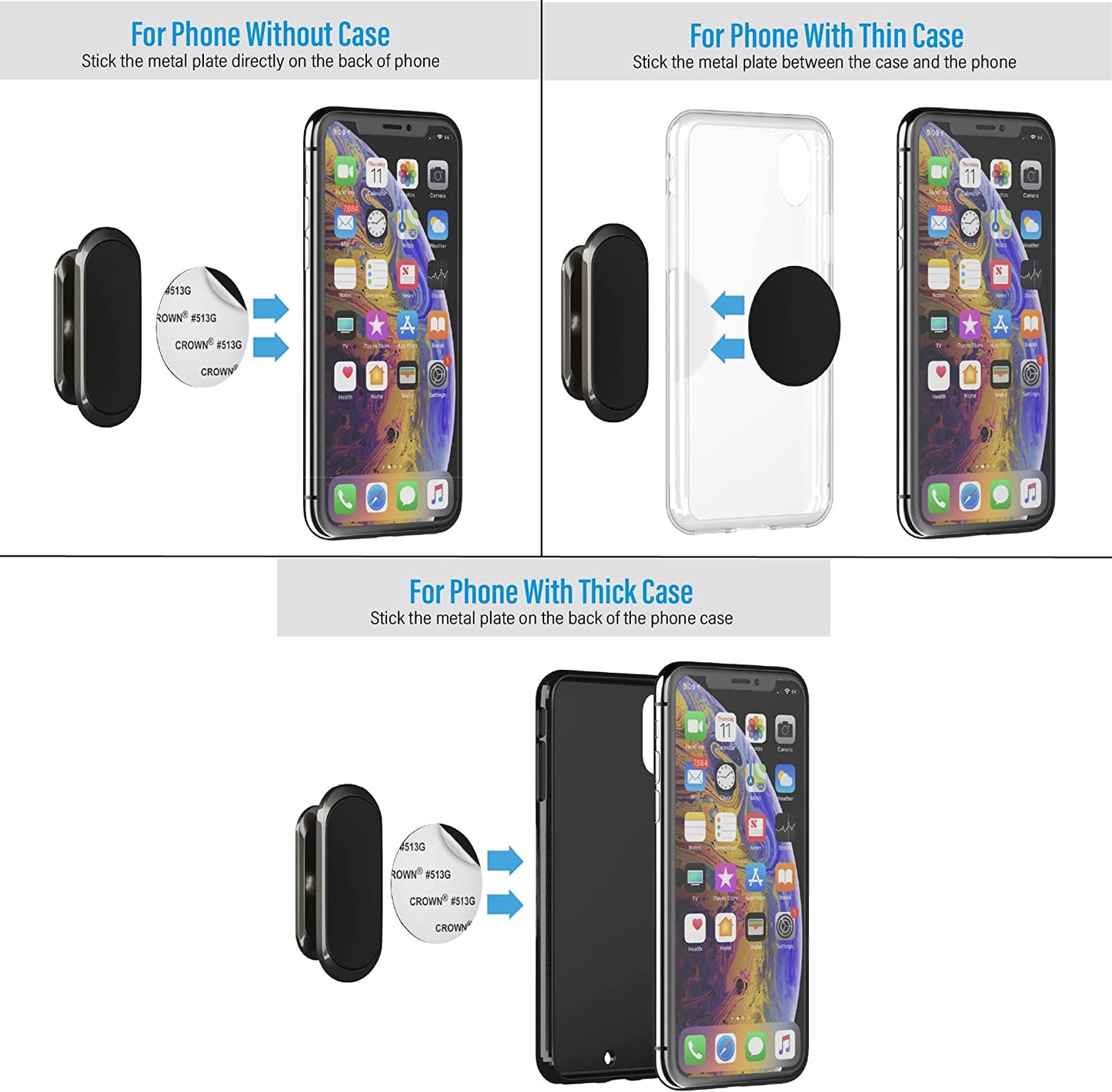 2 Pack Magnetic Car Zinc Alloy Phone Mount, Upgrade Magnet 8Pcs, Universal Dashboard Holder, Cell Phone Grip Car Kits, 360° Adjustable Super Strong Magnet for Samsung, Iphone, LG, Pixel-Black