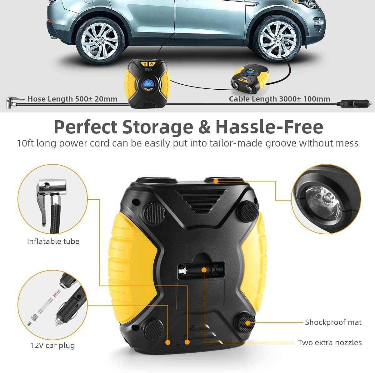 Digital Car Tyre Inflator Air Tool Portable Air Compressor Car Tyre Pump Automatic 12V Electric Air Pump Tyre Inflation with Tyre Pressure Gauge Valve Adaptors LED Light