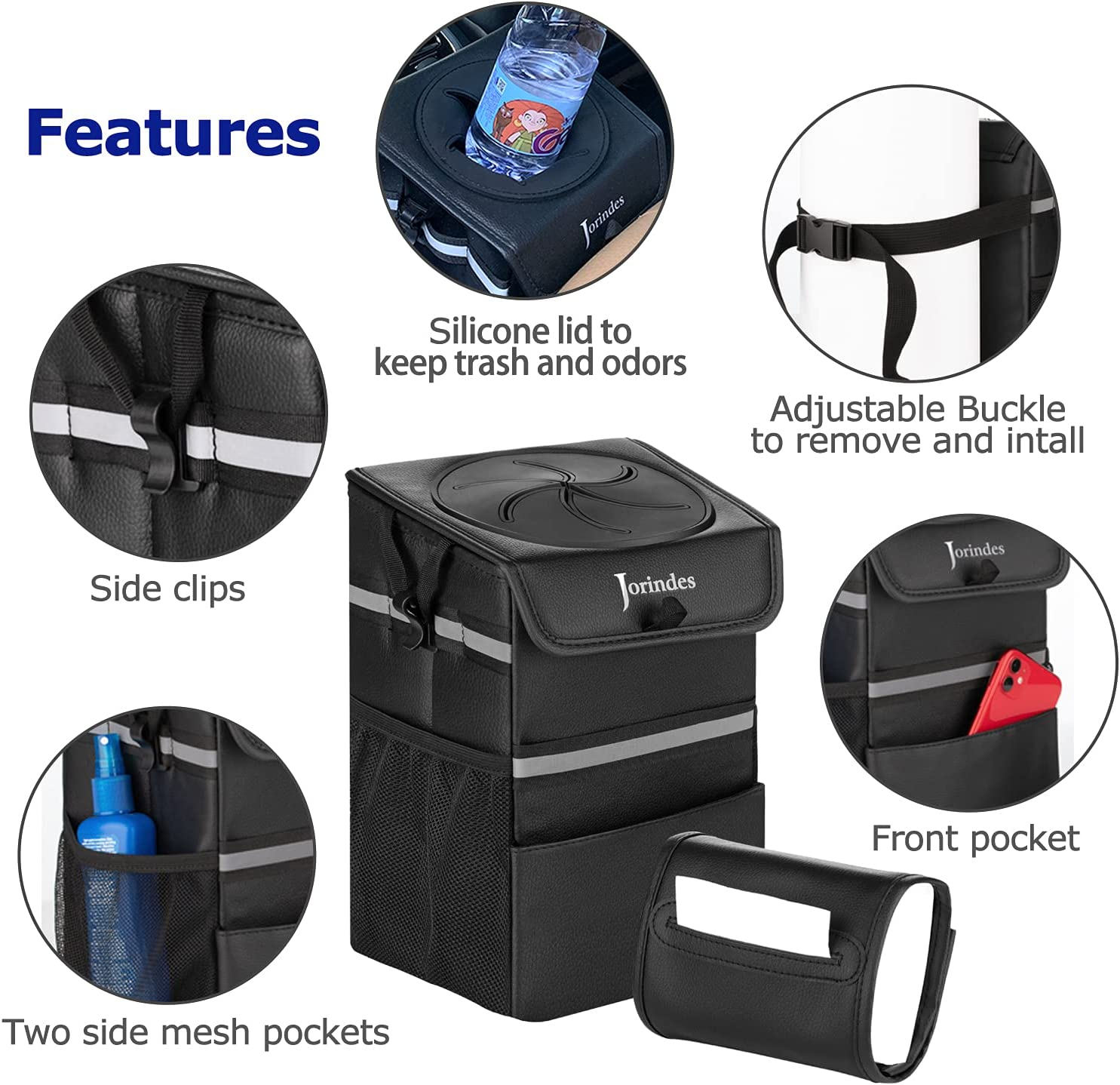 Large PU Leather Car Trash Can with Lid & Leak-Proof Liner, Elegant Car Accessories for Travel, Removable Tissue Holder & Car Garbage Bag Hanging with Strap, Auto Trash Bin,Vehicle Waster Container
