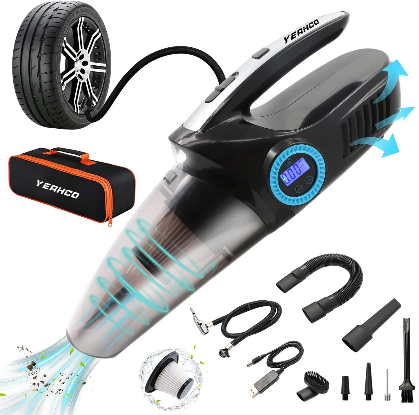 4-In-1 Car Vacuum Cleaner, Cordless Rechargeable 8000Pa High Power Portable Vacuum Cleaner Inflate for Car,Handheld Vacuum Cleaner with Digital Tire Pressure Gauge LCD Display for Home Car